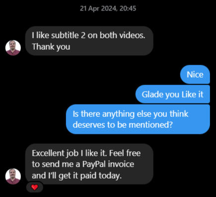 Client testimonial screenshot about Alaa's editing
